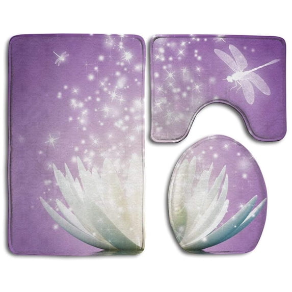 PUDMAD Baby Fancy Lotus Dragonfly 3 Piece Bathroom Rugs Set Bath Rug Contour Mat and Toilet Lid Cover