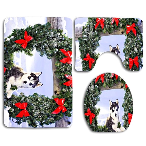 PUDMAD Baby Puppy Christmas Husky 3 Piece Bathroom Rugs Set Bath Rug Contour Mat and Toilet Lid Cover