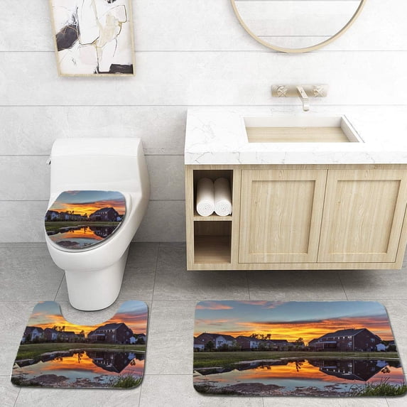 PUDMAD Backyard Sunset 3 Piece Bathroom Rugs Set Bath Rug Contour Mat and Toilet Lid Cover