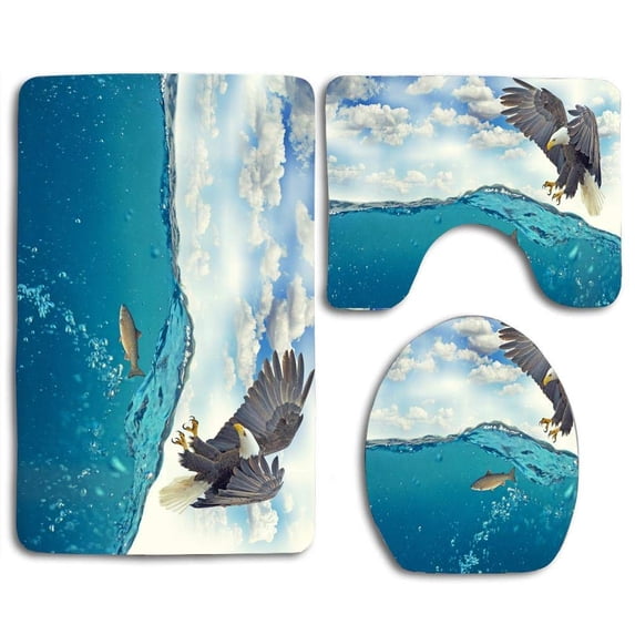 PUDMAD Bald Eagle Fishing 3 Piece Bathroom Rugs Set Bath Rug Contour Mat and Toilet Lid Cover