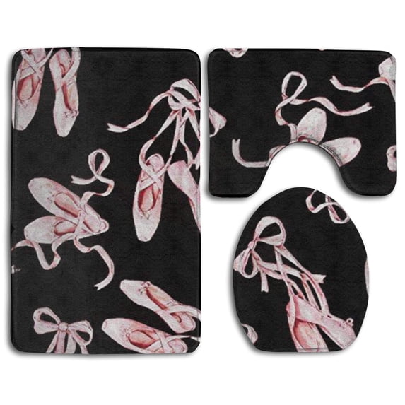 PUDMAD Ballet Shoes 3 Piece Bathroom Rugs Set Bath Rug Contour Mat and Toilet Lid Cover