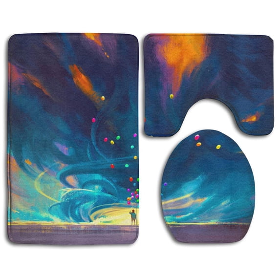 PUDMAD Balloons Fantasy Storm 3 Piece Bathroom Rugs Set Bath Rug Contour Mat and Toilet Lid Cover