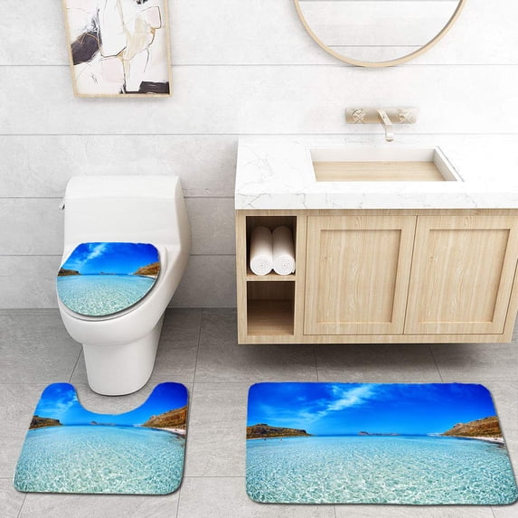 PUDMAD Balos Beach Crete Sand Under Water and Blue Sky 3 Piece Bathroom Rugs Set Bath Rug Contour Mat and Toilet Lid Cover