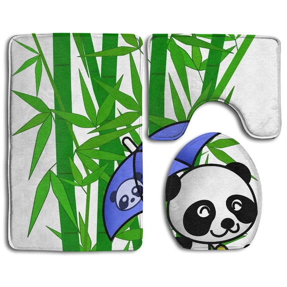 PUDMAD Bamboo Tree Panda Unbrella 3 Piece Bathroom Rugs Set Bath Rug Contour Mat and Toilet Lid Cover