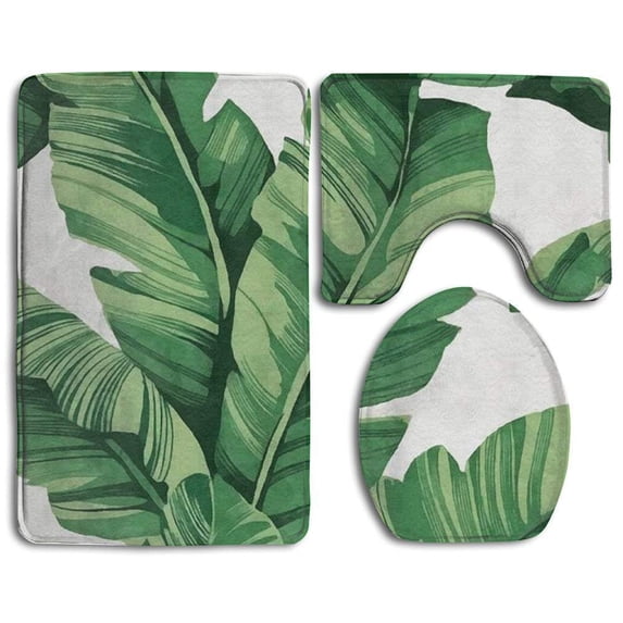 PUDMAD Banana Tree Leaves 3 Piece Bathroom Rugs Set Bath Rug Contour Mat and Toilet Lid Cover