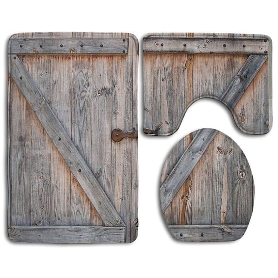 PUDMAD Barn Wood Door 3 Piece Bathroom Rugs Set Bath Rug Contour Mat and Toilet Lid Cover
