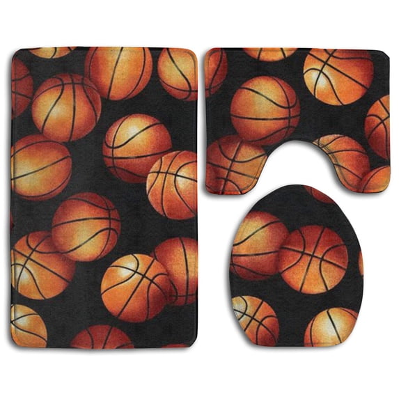 PUDMAD Basketball BLCACK 3 Piece Bathroom Rugs Set Bath Rug Contour Mat and Toilet Lid Cover