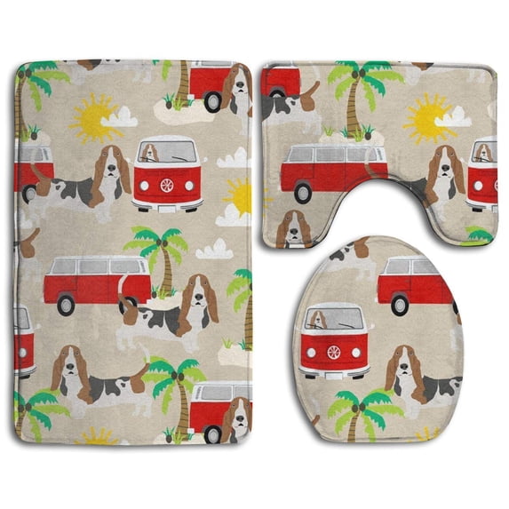 PUDMAD Basset Hound Dog Beach Bus Hippie Bus Palm Trees 3 Piece Bathroom Rugs Set Bath Rug Contour Mat and Toilet Lid Cover