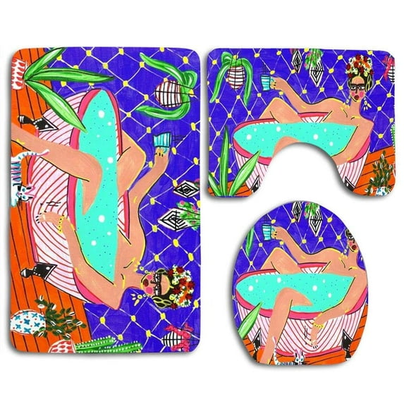 PUDMAD Bathtime Frida 3 Piece Bathroom Rugs Set Bath Rug Contour Mat and Toilet Lid Cover
