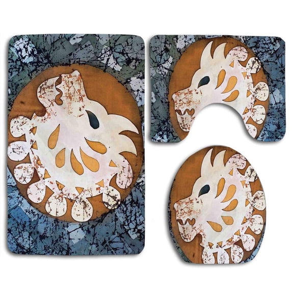 PUDMAD Batik Grungy Wolf Visage in a Rounded Full Moon Form Night Knight Esoteric 3 Piece Bathroom Rugs Set Bath Rug Contour Mat and Toilet Lid Cover