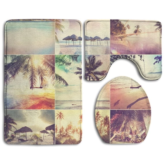 PUDMAD Beach 3 Piece Bathroom Rugs Set Bath Rug Contour Mat and Toilet Lid Cover