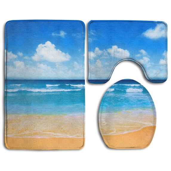 PUDMAD Beach Azure Horizon Sunny Summer 3 Piece Bathroom Rugs Set Bath Rug Contour Mat and Toilet Lid Cover