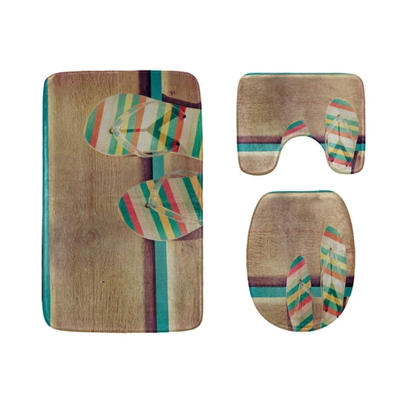 PUDMAD Beach Flip Flops in Rainbow Color 3 Piece Bathroom Rugs Set Bath Rug Contour Mat and Toilet Lid Cover