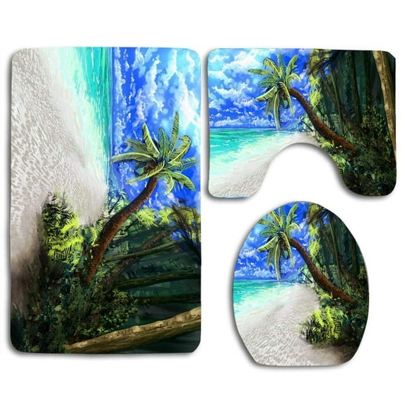 PUDMAD Beach Painting Style 3 Piece Bathroom Rugs Set Bath Rug Contour Mat and Toilet Lid Cover
