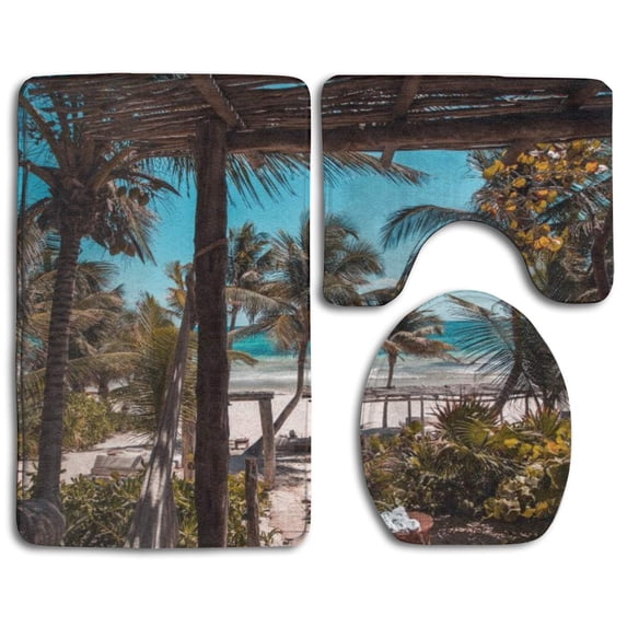 PUDMAD Beach Palm Trees 3 Piece Bathroom Rugs Set Bath Rug Contour Mat and Toilet Lid Cover