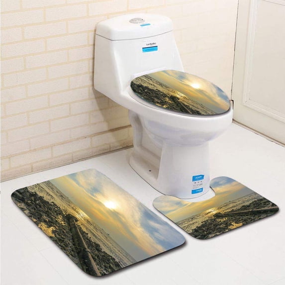 PUDMAD Beach Rock 3 Piece Bathroom Rugs Set Bath Rug Contour Mat and Toilet Lid Cover