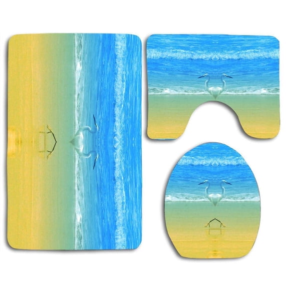 PUDMAD Beach Sand Sun Pelicans Love Style 3 Piece Bathroom Rugs Set Bath Rug Contour Mat and Toilet Lid Cover