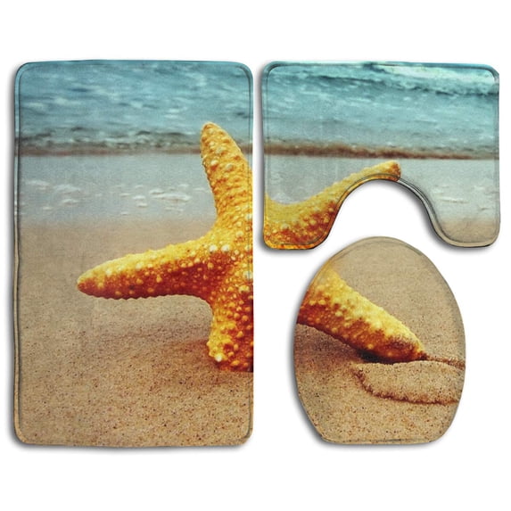 PUDMAD Beach Starfish 3 Piece Bathroom Rugs Set Bath Rug Contour Mat and Toilet Lid Cover