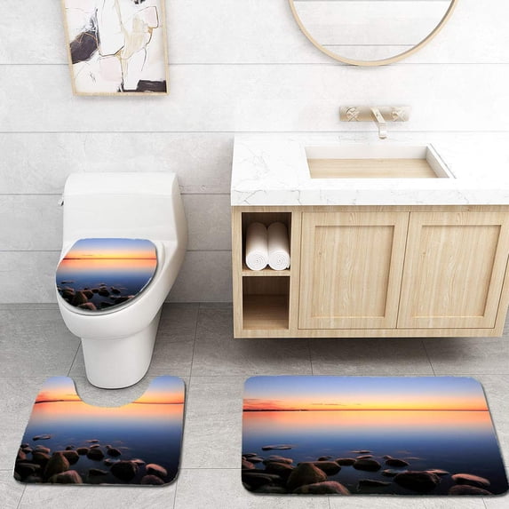 PUDMAD Beach Sunset Afterglow 3 Piece Bathroom Rugs Set Bath Rug Contour Mat and Toilet Lid Cover