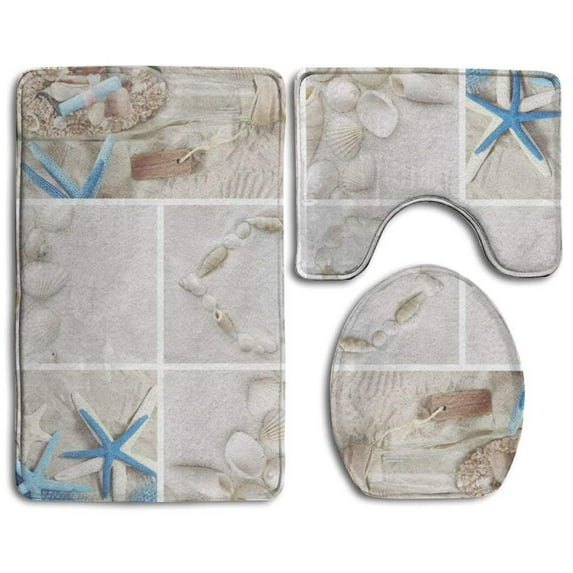 PUDMAD Beach Theme 3 Piece Bathroom Rugs Set Bath Rug Contour Mat and Toilet Lid Cover