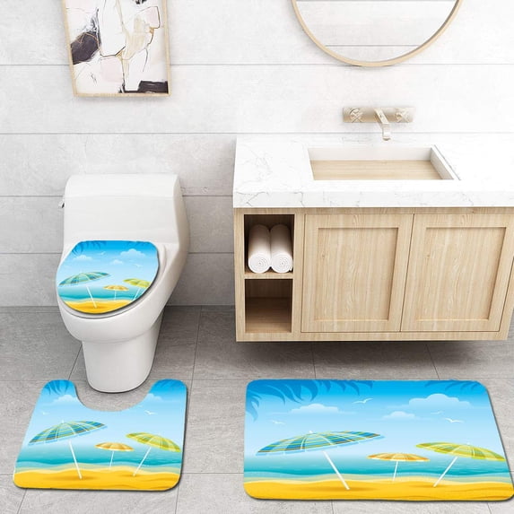 PUDMAD Beach Umbrellas 3 Piece Bathroom Rugs Set Bath Rug Contour Mat and Toilet Lid Cover