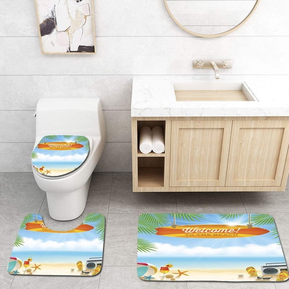 PUDMAD Beach Vacation 3 Piece Bathroom Rugs Set Bath Rug Contour Mat and Toilet Lid Cover