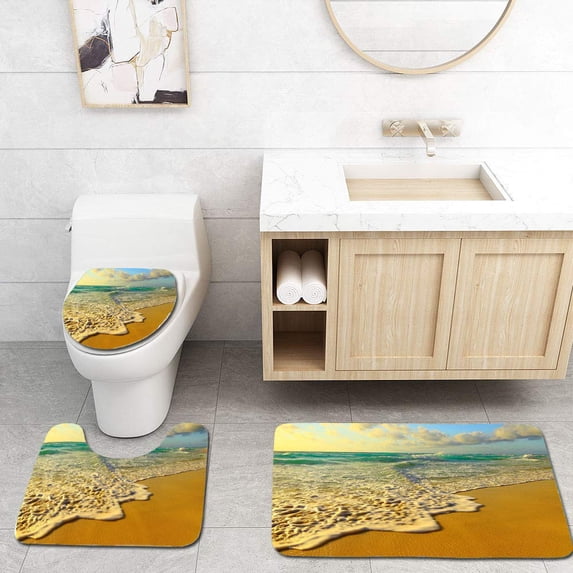 PUDMAD Beach Waves Riviera Sunset Landscape Cancun Caribbean Tropical Paradise 3 Piece Bathroom Rugs Set Bath Rug Contour Mat and Toilet Lid Cover