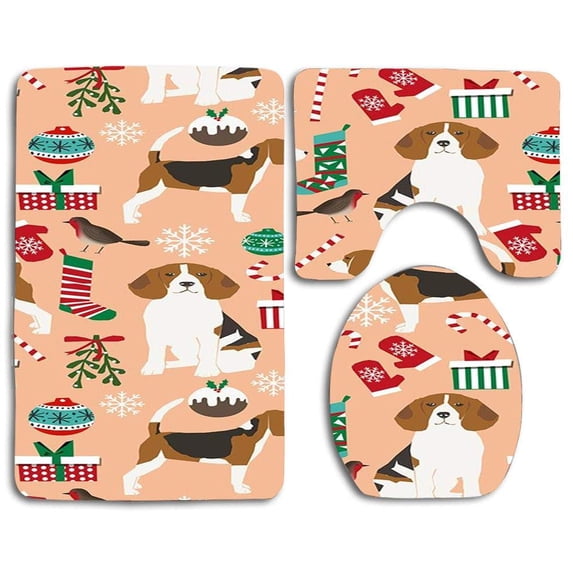PUDMAD Beagle Christmas Holiday Winter 3 Piece Bathroom Rugs Set Bath Rug Contour Mat and Toilet Lid Cover