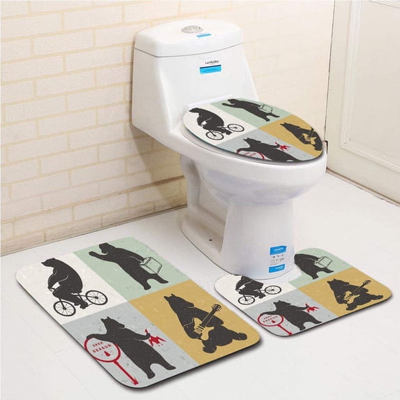 PUDMAD Bear Funny Frames in Drawing Style Mascot Hunter Biker Musician Travelling Grunge Display 3 Piece Bathroom Rugs Set Bath Rug Contour Mat and Toilet Lid Cover