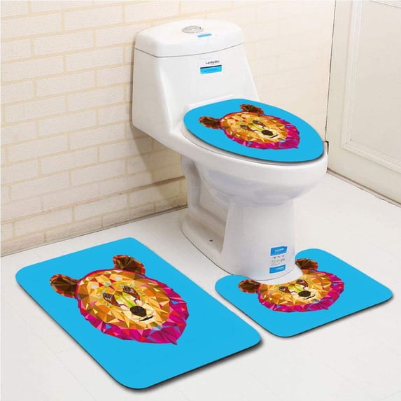 PUDMAD Bear Geometrical Figure Triangular Fractal Poly Effect 3 Piece Bathroom Rugs Set Bath Rug Contour Mat and Toilet Lid Cover