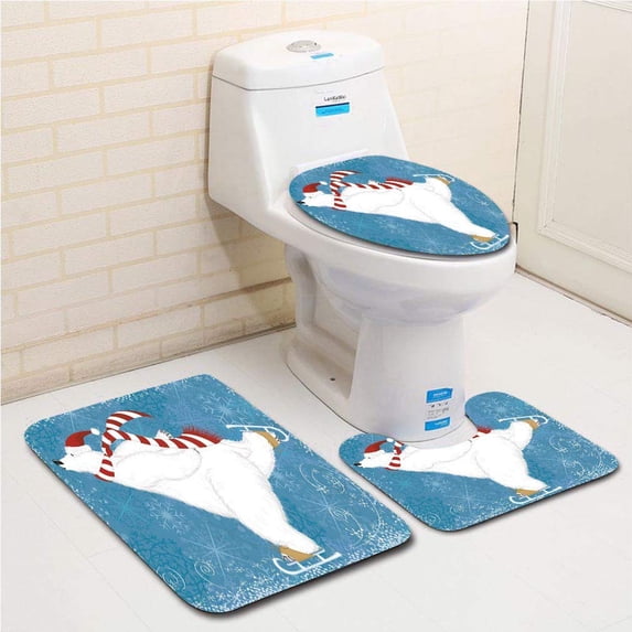 PUDMAD Bear Polar Bear Christmas Hat Scarf Ice Skating Ornate Snowflakes Swirls 3 Piece Bathroom Rugs Set Bath Rug Contour Mat and Toilet Lid Cover