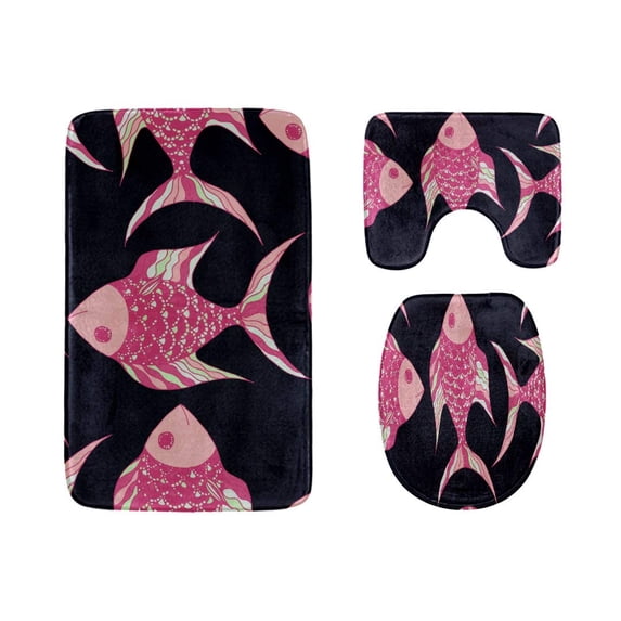 PUDMAD Beautiful Abstract Fish 3 Piece Bathroom Rugs Set Bath Rug Contour Mat and Toilet Lid Cover