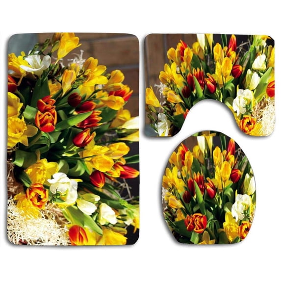 PUDMAD Beautiful Arrangement Flowers 3 Piece Bathroom Rugs Set Bath Rug Contour Mat and Toilet Lid Cover
