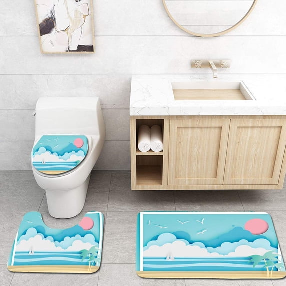 PUDMAD Beautiful Beach Paper Art Style Frame 3 Piece Bathroom Rugs Set Bath Rug Contour Mat and Toilet Lid Cover