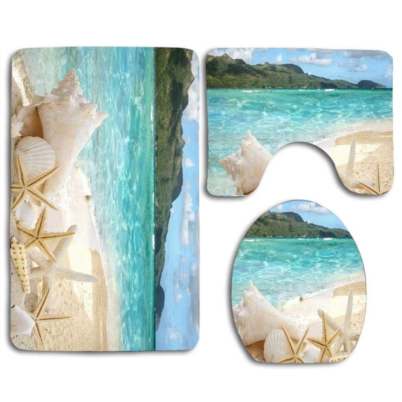 PUDMAD Beautiful Beach Sand Shells Style 3 Piece Bathroom Rugs Set Bath Rug Contour Mat and Toilet Lid Cover