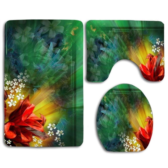 PUDMAD Beautiful Bouquet Flowers 3 Piece Bathroom Rugs Set Bath Rug Contour Mat and Toilet Lid Cover