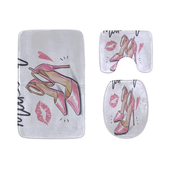 PUDMAD Beautiful Bows and High Heels 3 Piece Bathroom Rugs Set Bath Rug Contour Mat and Toilet Lid Cover