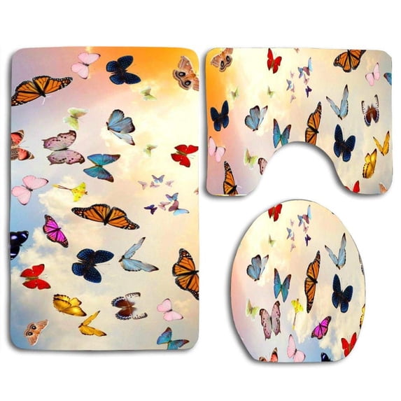 PUDMAD Beautiful Butterflies 3 Piece Bathroom Rugs Set Bath Rug Contour Mat and Toilet Lid Cover