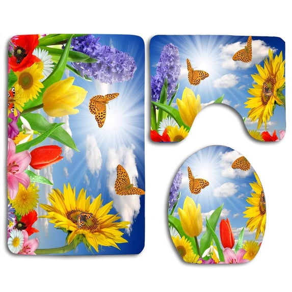 PUDMAD Beautiful Butterflies and Flowers 3 Piece Bathroom Rugs Set Bath Rug Contour Mat and Toilet Lid Cover