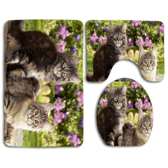 PUDMAD Beautiful Cats 3 Piece Bathroom Rugs Set Bath Rug Contour Mat and Toilet Lid Cover