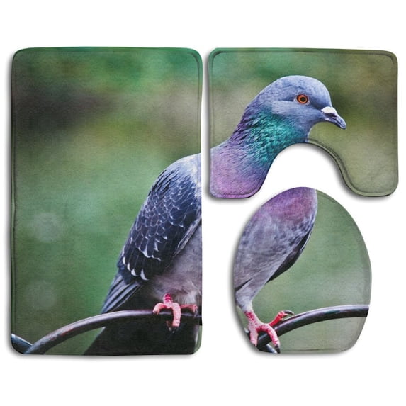 PUDMAD Beautiful Colorful Bird 3 Piece Bathroom Rugs Set Bath Rug Contour Mat and Toilet Lid Cover