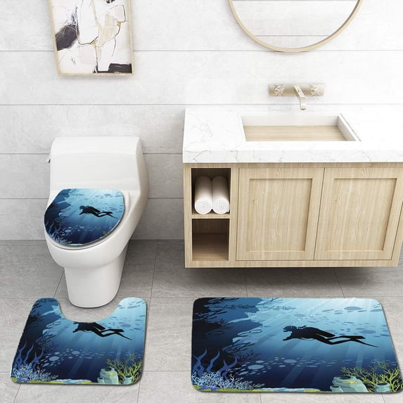 PUDMAD Beautiful Coral Reef and Silhouettes Diver 3 Piece Bathroom Rugs Set Bath Rug Contour Mat and Toilet Lid Cover