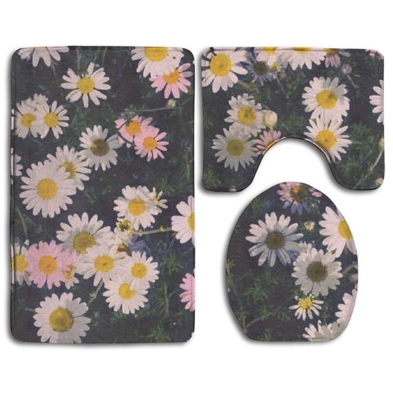 PUDMAD Beautiful Daisies 3 Piece Bathroom Rugs Set Bath Rug Contour Mat and Toilet Lid Cover