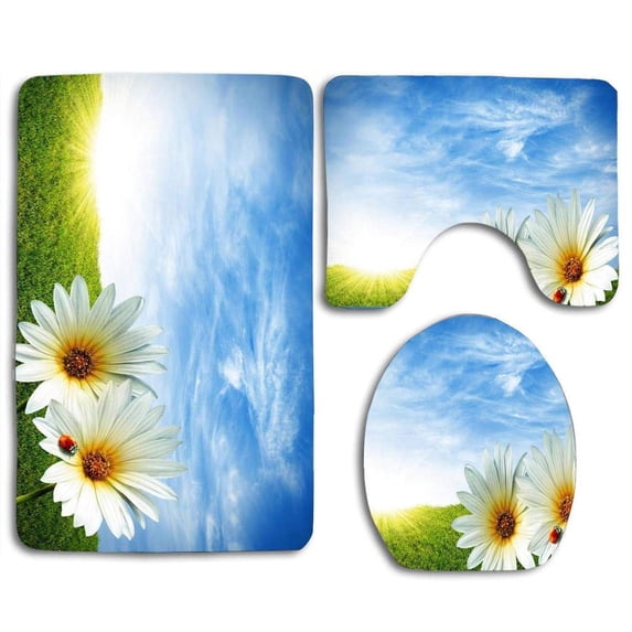 PUDMAD Beautiful Daisy Flower 3 Piece Bathroom Rugs Set Bath Rug Contour Mat and Toilet Lid Cover