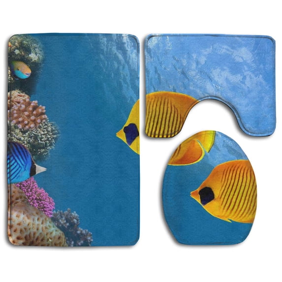 PUDMAD Beautiful Fish Undersea 3 Piece Bathroom Rugs Set Bath Rug Contour Mat and Toilet Lid Cover