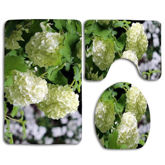 PUDMAD Beautiful Flowering White Blossoms 3 Piece Bathroom Rugs Set Bath Rug Contour Mat and Toilet Lid Cover