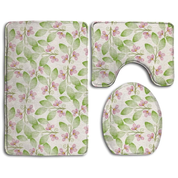 PUDMAD Beautiful Flowers 3 Piece Bathroom Rugs Set Bath Rug Contour Mat and Toilet Lid Cover