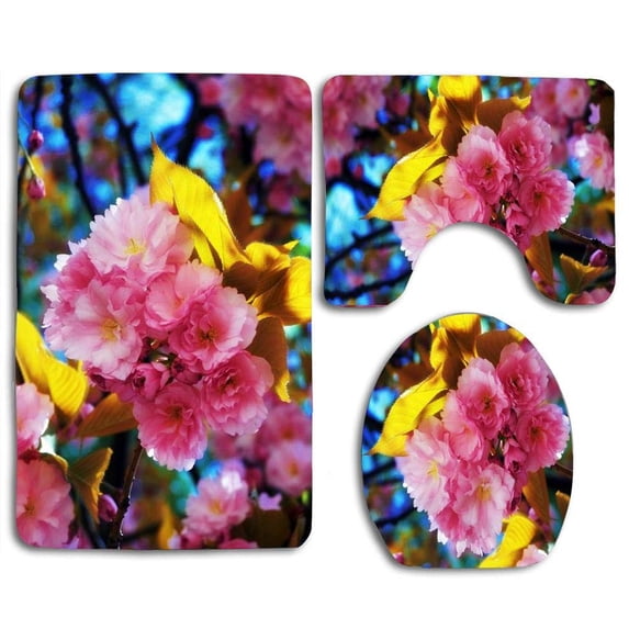 PUDMAD Beautiful Flowers 3 Piece Bathroom Rugs Set Bath Rug Contour Mat and Toilet Lid Cover