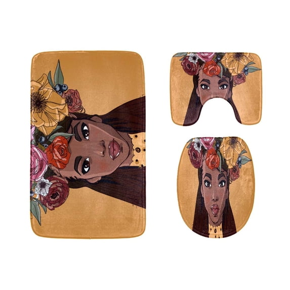 PUDMAD Beautiful Girl Oil Painting Fashion 3 Piece Bathroom Rugs Set Bath Rug Contour Mat and Toilet Lid Cover