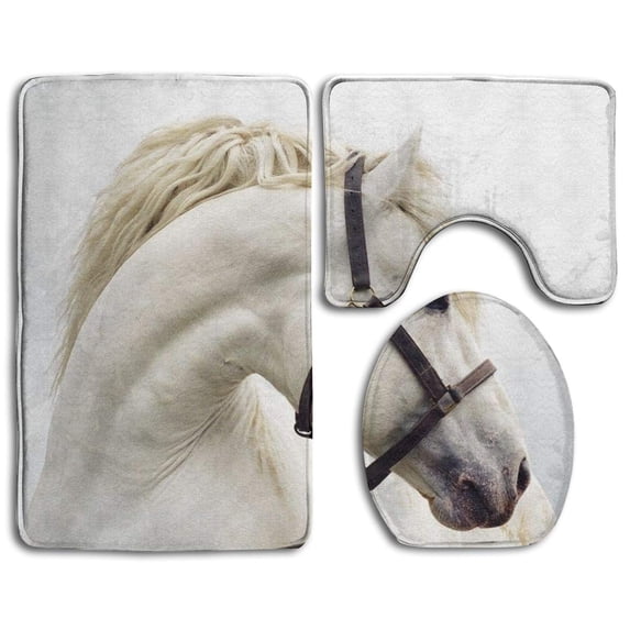 PUDMAD Beautiful Horse White 3 Piece Bathroom Rugs Set Bath Rug Contour Mat and Toilet Lid Cover